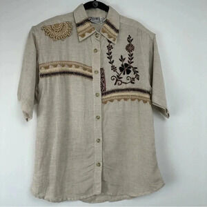 Speed Limit Mph Button Down Top Size Medium Linen Blend Boho Embroidered Artsy